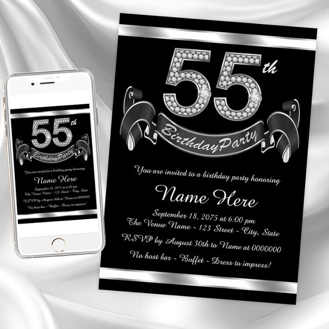 Silver 55-årsfest inbjudningar (Classy 55th birthday party invitation. Instant download and printed invitations available.)