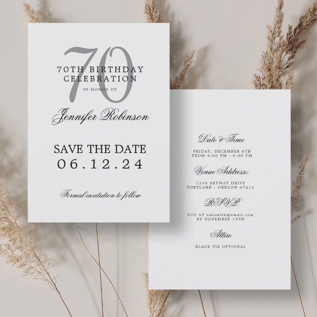 Silver 70:e födelsedag Spara datuminformation Inbjudningar (Silver 70th Birthday Save the Date Details Invitation)