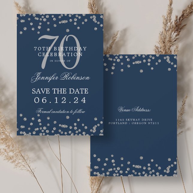 Silver 70:e födelsedag Spara Konfetti flottan Inbjudningar (Silver 70th Birthday Save Date Confetti Navy Invitation)