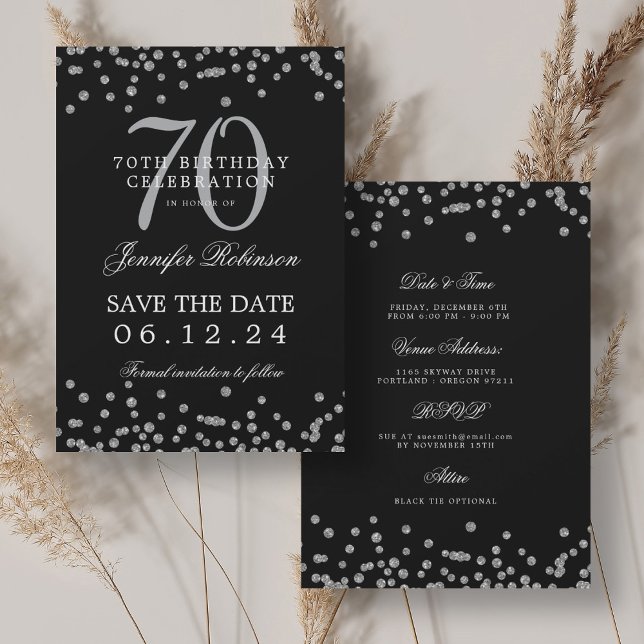 Silver 70:e födelsedag Spara - svart information Inbjudningar (Silver 70th Birthday Save Date Details Black Invitation)