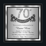 Silver 70:e Födelsedagsfesten Inbjudningar<br><div class="desc">Silver 70:e födelsedagsfest inbjudan med diamantnummer och grattis på födelsedagen på silver och svart bakgrund. Det vackra silver 70:e födelsedagsfest inbjudan är enkelt att anpassa för ditt evenemang. Du kan ändra bakgrunden till färg. Den här slående designen fungerar bra för en man eller kvinna. Detta är en tryckt design utan...</div>