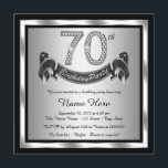 Silver 70:e Födelsedagsfesten Inbjudningar<br><div class="desc">Silver 70:e födelsedagsfest inbjudan med diamantnummer och grattis på födelsedagen på silver och svart bakgrund. Det vackra silver 70:e födelsedagsfest inbjudan är enkelt att anpassa för ditt evenemang. Du kan ändra bakgrunden till färg. Den här slående designen fungerar bra för en man eller kvinna. Detta är en tryckt design utan...</div>