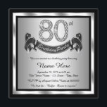Silver 80:e Födelsedagsfesten Inbjudningar<br><div class="desc">Silver 80:e födelsedagsfest inbjudan med diamantnummer och grattis på födelsedagen på silver och svart bakgrund. Den vackra 80:e födelsedagsfest inbjudan i silver är lätt att anpassa för din händelse. Du kan ändra bakgrunden till färg. Den här slående designen fungerar bra för en man eller kvinna. Detta är en tryckt design...</div>
