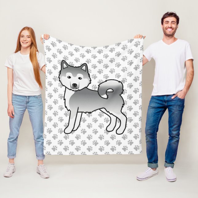 Silver Alaskan Malamute Söt Tecknad Hund & Tassar Fleecefilt (På plats)