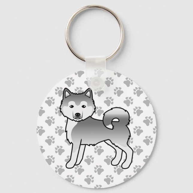 Silver Alaskan Malamute Söt Tecknad Hund & Tassar Nyckelring (Framsida)