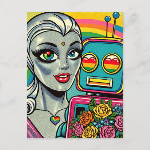 Silver Alien Woman och Rainbow Robot i Kärlek Vykort