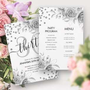 Silver alla i en Blommigt Glitter 30års födelsedag Inbjudningar