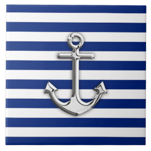 Silver Anchor på marinblått Rand Kakelplatta