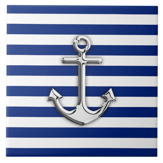 Silver Anchor på marinblått Rand Kakelplatta (Framsidan)