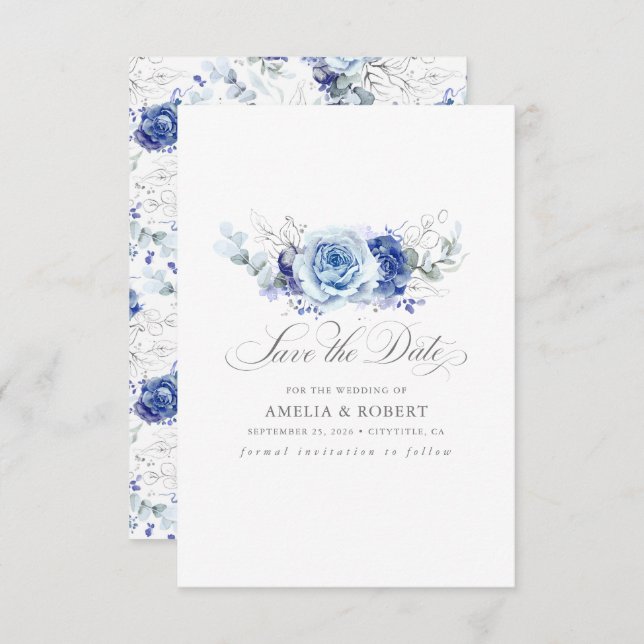 Silver and Dusty Blue Floral Save the Date Spara Datumet (Fram/baksida)