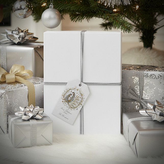 Silver and gold nativity Christmas Presentetikett (Skapare uppladdad)