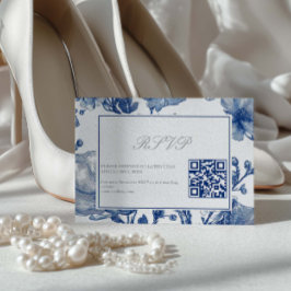 Silver And Navy Blue Wedding QR code RSVP Card OSA Kort