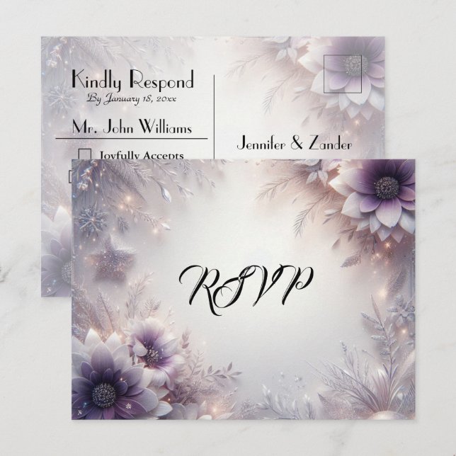 Silver and Soft Amethyst Winter Bloom RSVP Inbjudan Vykort (Fram/baksida)
