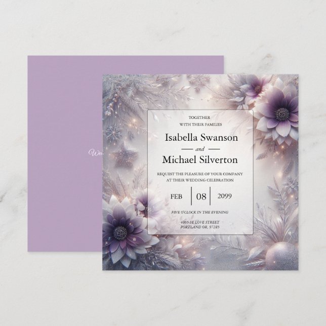 Silver and Soft Amethyst Winter Blooms Wedding Inbjudningar (Fram/baksida)
