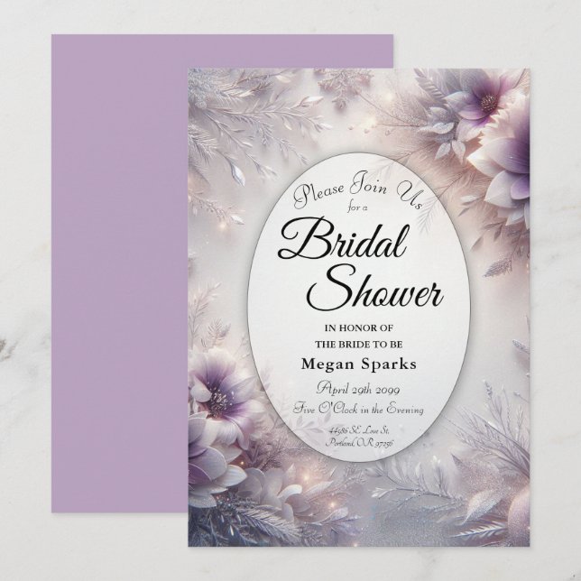 Silver and Soft Amethyst Winter Bridal Shower Inbjudningar (Fram/baksida)