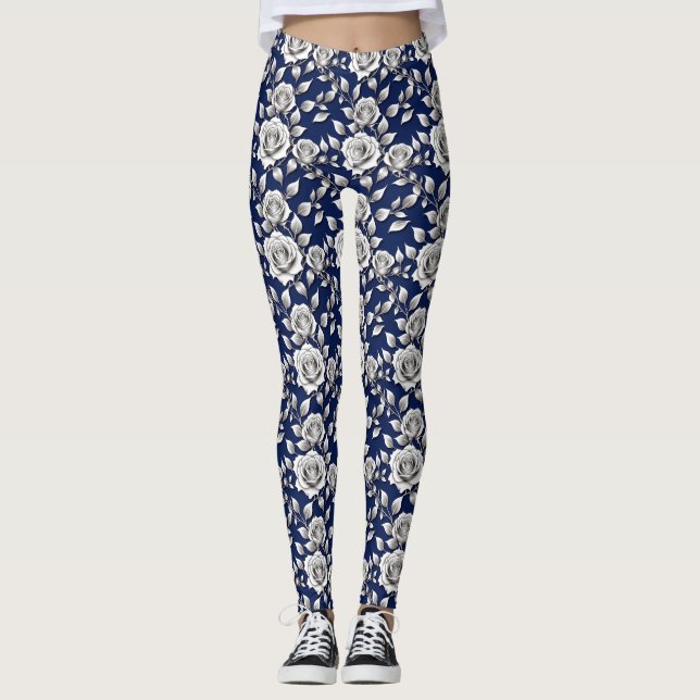 Silver And White Roses Leggings (Framsida)