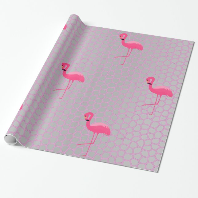 Silver Animal Print Flamingo BIRTHDAY BRÖLLOP WRAP Presentpapper (Utrullad)