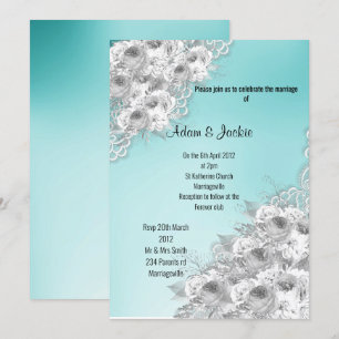 Silver Aqua Blommig STICKAD ELEGANT MODERN BRÖLLLO Inbjudningar