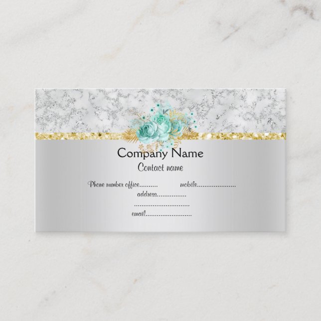 Silver aqua blommigt elegant  semigloss visitkort (Framsida)