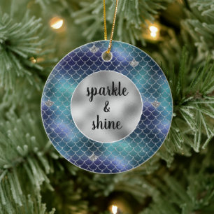 Silver Aqua Blue Sjöjungfru Glitz Julgransprydnad Keramik