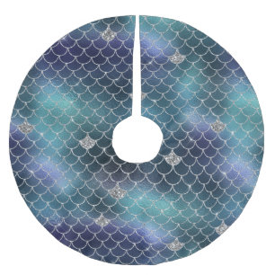 Silver Aqua Blue Sjöjungfru Julgransmatta Borstad Polyester