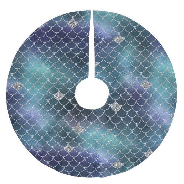 Silver Aqua Blue Sjöjungfru Julgransmatta Borstad Polyester (Framsidan)