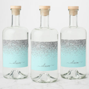 Silver Aqua Blue Teal Glitter Monogram Spritflaskor Etikett