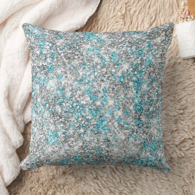 Silver Aqua Glam Glitter Kudde (Filt)