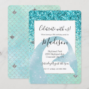 Silver Aqua Glitter Sjöjungfru Watercolor Inbjudningar