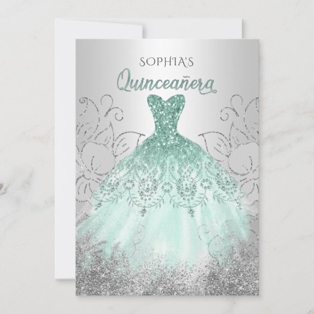 Silver Aqua Gnistra Dress Quinceañera Quince Inbjudningar (Framsida)