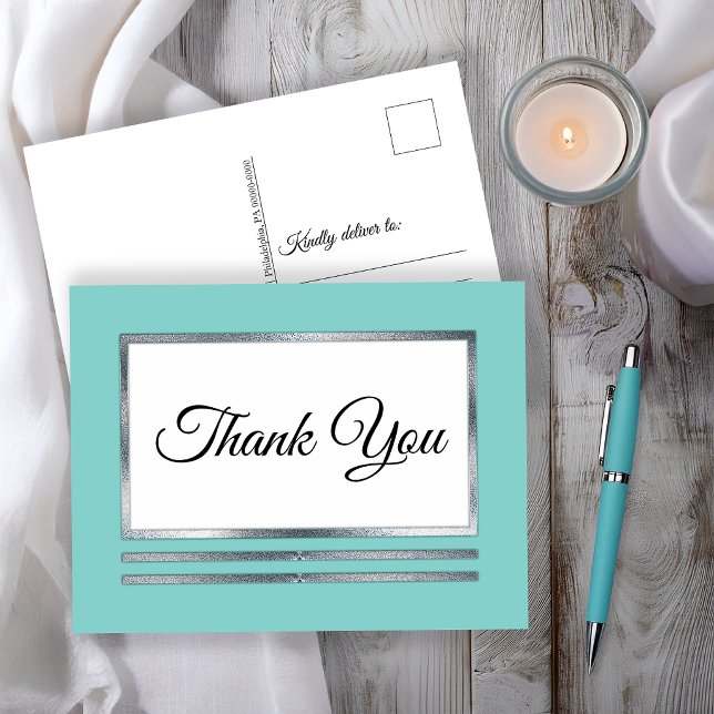 Silver | Aqua Modern Enkel Elegant Tack Vykort (Aqua Modern Simple Elegant Thank You Postcard)