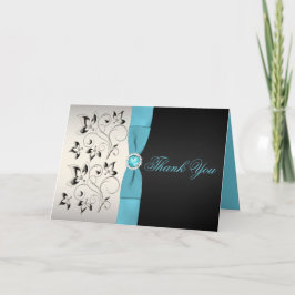 Silver, Aqua, och Svart Blommig Tacksamhetskort Tack Kort