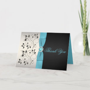 Silver, Aqua, och Svart Blommig Tacksamhetskort Tack Kort
