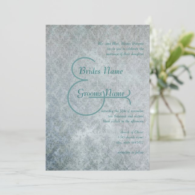 Silver Aqua Rustic Distress Snöre Damask Wedding Inbjudningar (Stående Fram)
