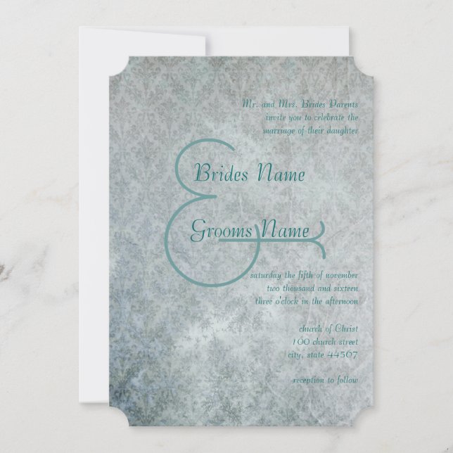 Silver Aqua Rustic Distress Snöre Damask Wedding Inbjudningar (Framsida)