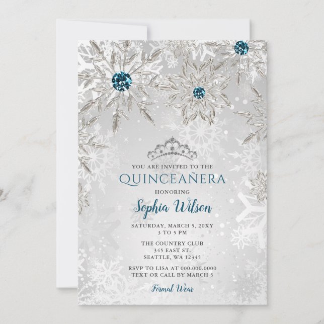 Silver Aqua Snöflingor Tiara Quinceañera Inbjudningar (Framsida)