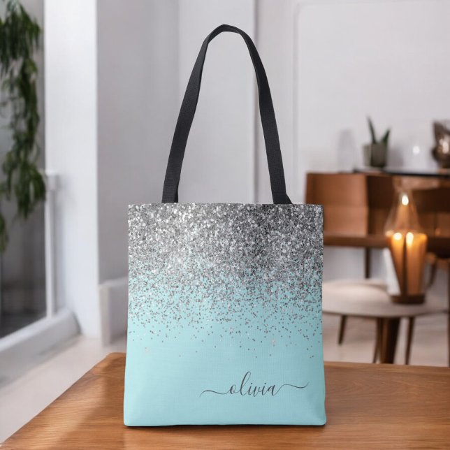Silver Aqua Teal Blå Girly Glitter Monogram Tygkasse (Skapare uppladdad)