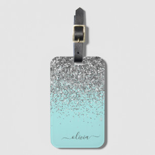Silver Aqua Teal Blå Glänsande Monogram Bagagebricka
