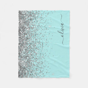Silver Aqua Teal Blå Glänsande Monogram Fleecefilt