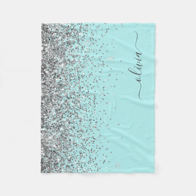 Silver Aqua Teal Blå Glänsande Monogram Fleecefilt (Framsidan)