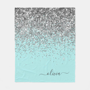 Silver Aqua Teal Blå Glänsande Monogram Fleecefilt