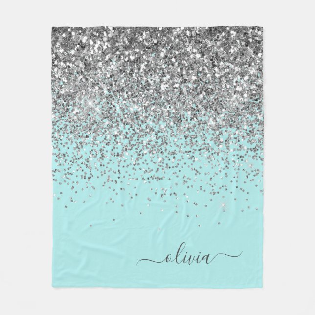 Silver Aqua Teal Blå Glänsande Monogram Fleecefilt (Framsidan)