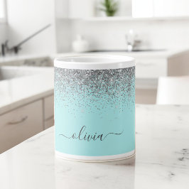 Silver Aqua Teal Blå Glänsande Monogram Kaffemugg