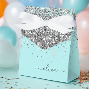 Silver Aqua Teal Blå Glänsande Monogram Presentaskar