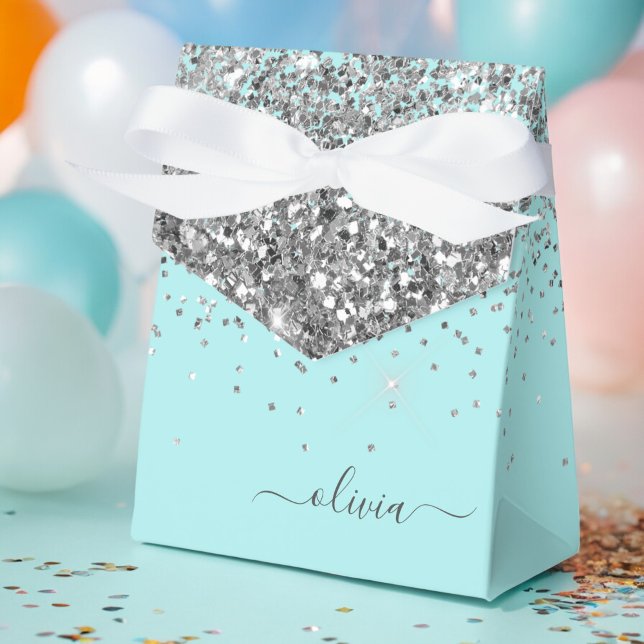 Silver Aqua Teal Blå Glänsande Monogram Presentaskar (Skapare uppladdad)