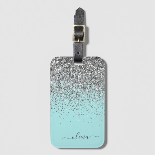 Silver Aqua Teal Blå Glitter Monogram Bagagebricka (Framsida vertikal)