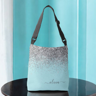 Silver Aqua Teal Blue Girly Glitter Monogram Axelväska