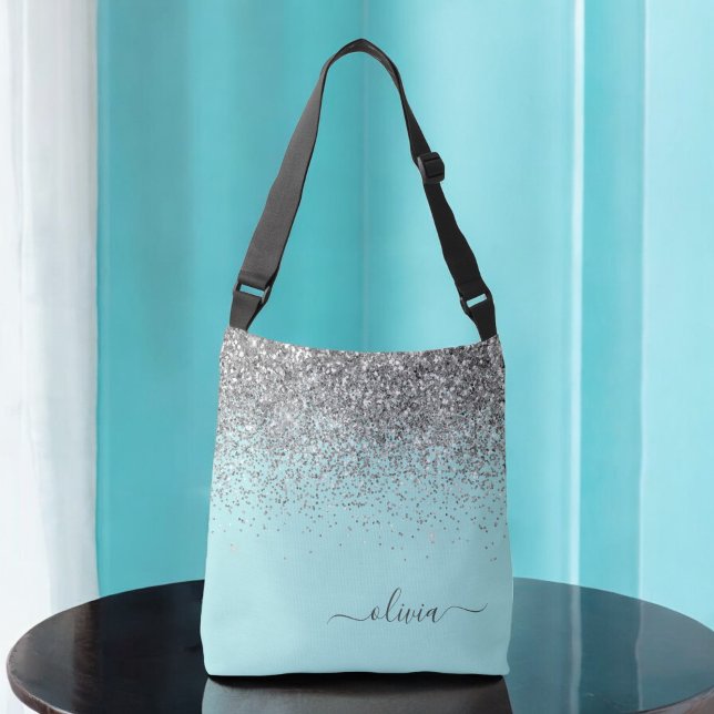 Silver Aqua Teal Blue Girly Glitter Monogram Axelväska (Skapare uppladdad)