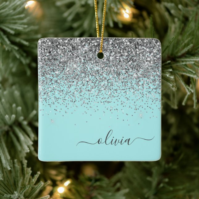 Silver Aqua Teal Blue Girly Glitter Monogram Julgransprydnad Keramik (Träd)