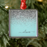 Silver Aqua Teal Blue Girly Glitter Monogram Julgransprydnad Metall<br><div class="desc">Silver och Aqua Teal Blue Glitter Monogram Namn och den första julprydnaden. Det gör perfekten söt 16-årsjubileum,  bröllop,  möhippa,  årsdag,  babydusch eller bachelorette-fest för någon som glam lyxen och chic stilar i kärlek.</div>